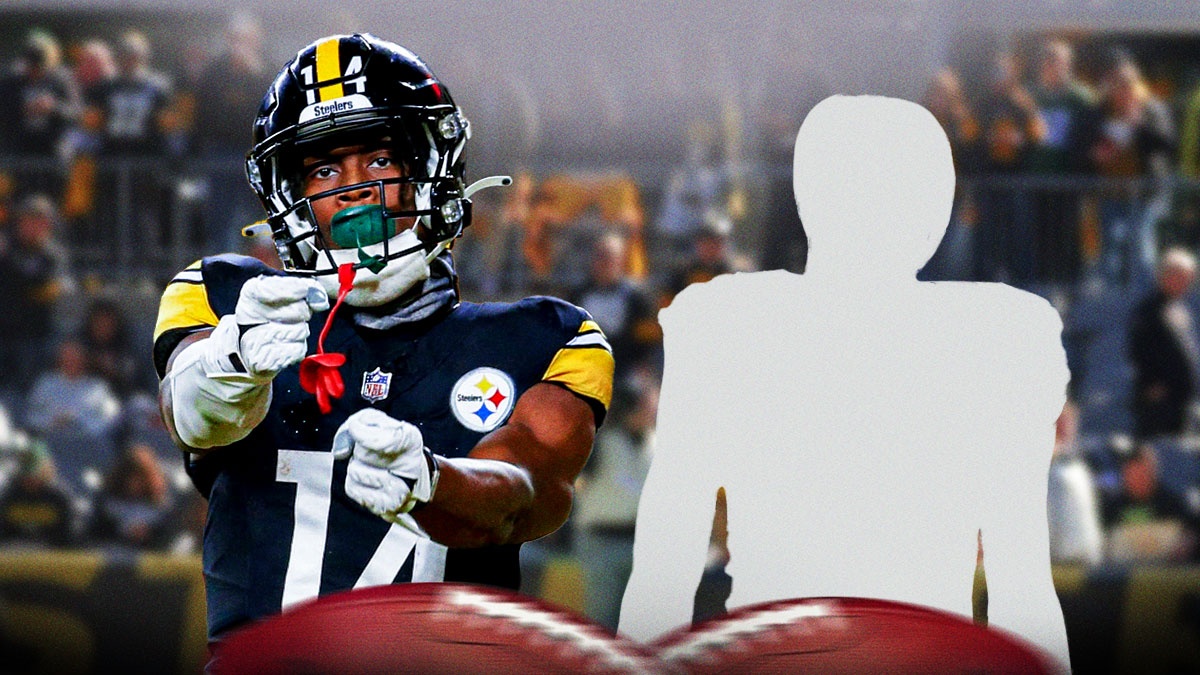George Pickens next to the blacked-out silhouette of DeAndre Hopkins on the Steelers field