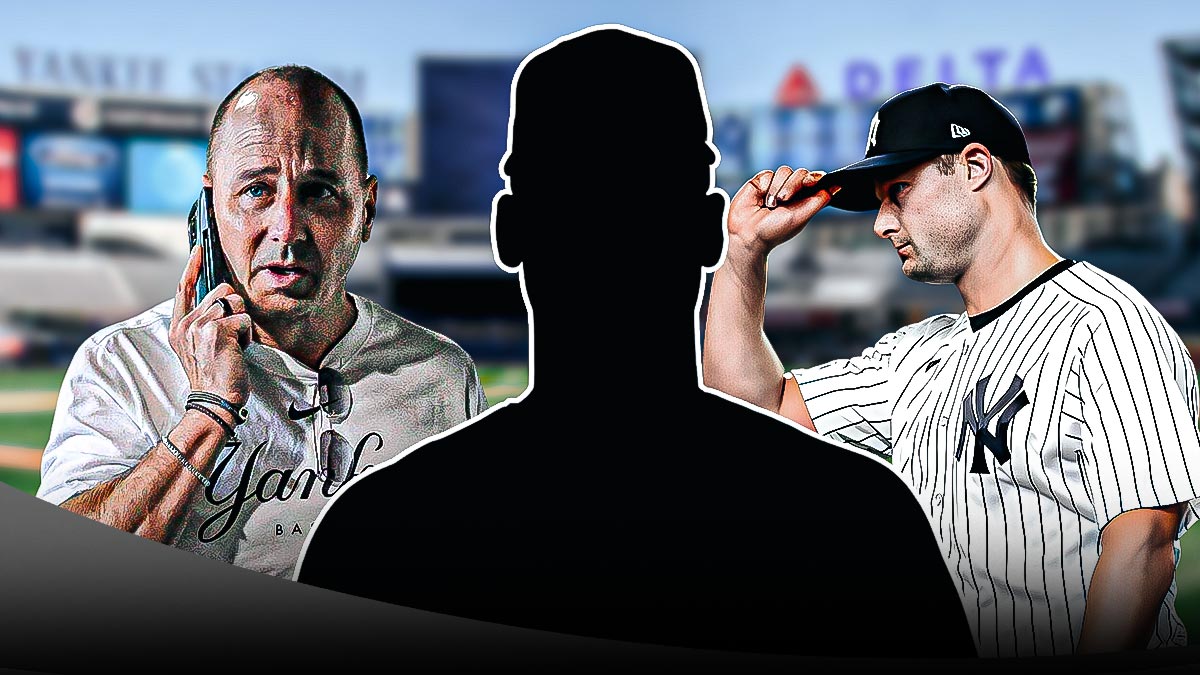 Blank player silhouette with question marks in center, New York Yankees general manager Brian Cashman talking and/or on phone on left side, New York Yankees starting pitcher Gerrit Cole looking upset/angry/sad on right side, Yankee Stadium (home field for the New York Yankees) in background