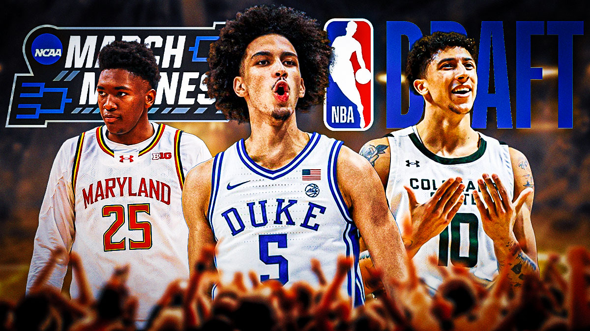 Derik Queen, Nique Clifford, Tyrese Proctor all together with NBA Draft logo and March Madness logo front and center.