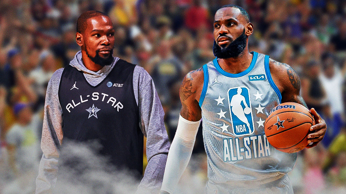 Kevin Durant and LeBron James in All-Star jerseys.