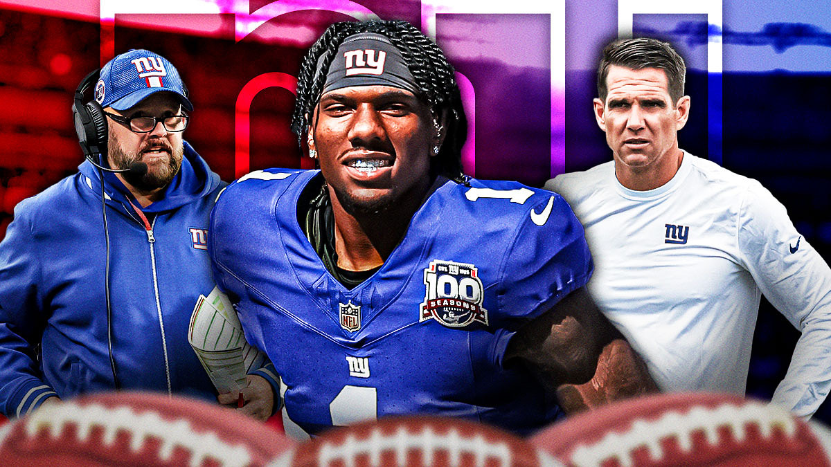 Malik Nabers, coach Brian Daboll, GM Joe Schoen all beside each other, New York Giants wallpaper in the background