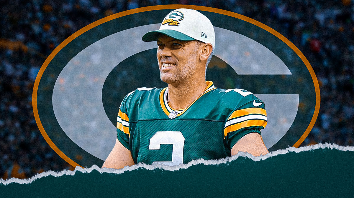 Mason Crosby smiling, and the Packers logo in the background.