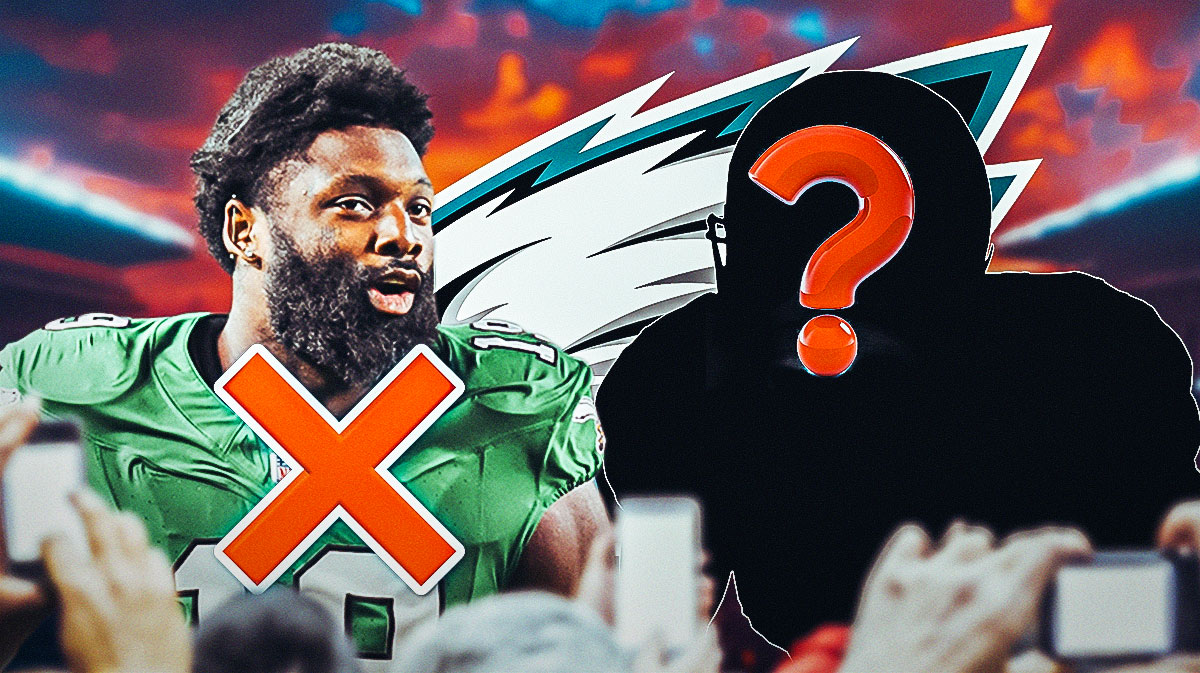 Former Eagles edge rusher Josh Sweat with a red X emoji over him. He is next to a silhouette of an American football player with a big question mark emoji inside. There is also a logo for the Philadelphia Eagles.