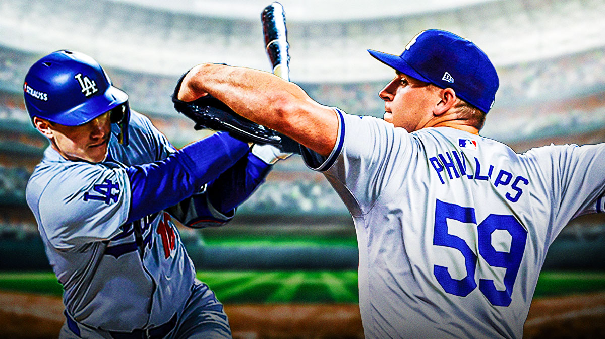 Dodgers Will Smith swinging a baseball bat, Dodgers Evan Phillips pitching a baseball.