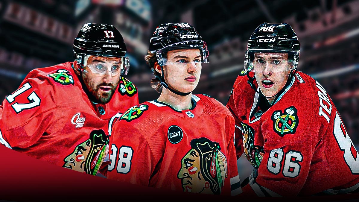 Blackhawks players standing at the United Center.