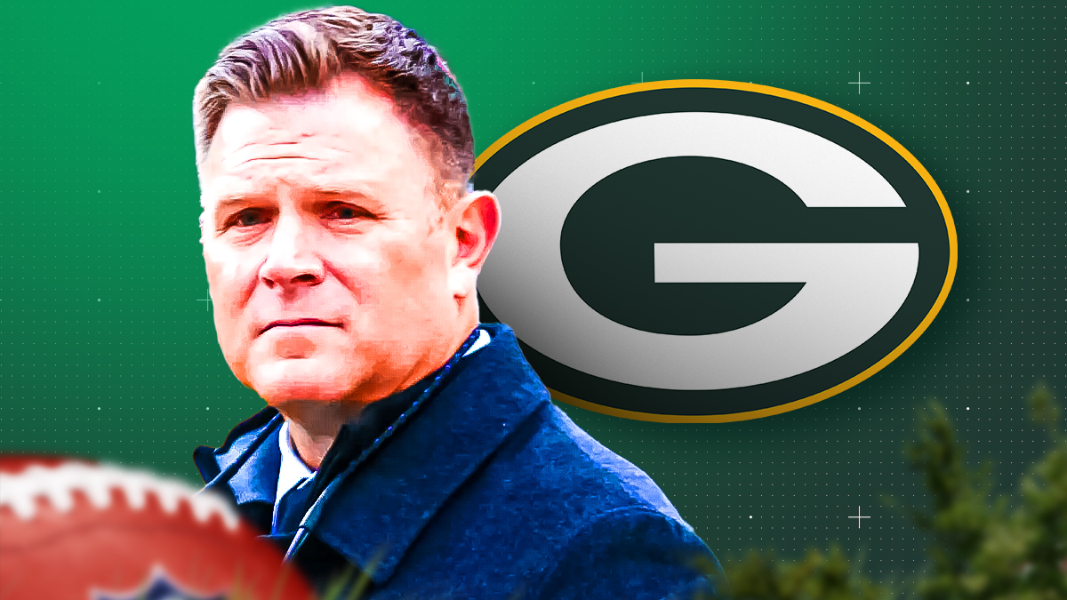 Packers Brian Gutekunst with Green Bay Packers logo in NFL offseason free agency