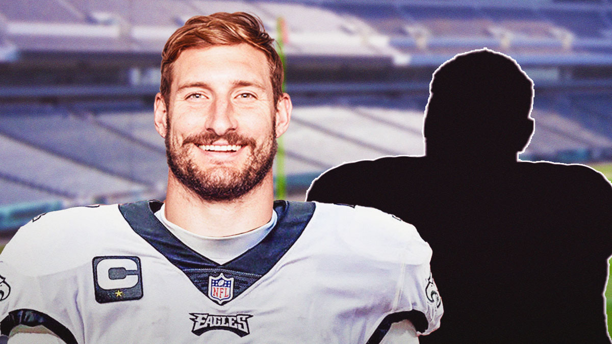 Joey Bosa wearing an Eagles uniform next to the blacked-out silhouette of Khalil Mack on the Eagles field.