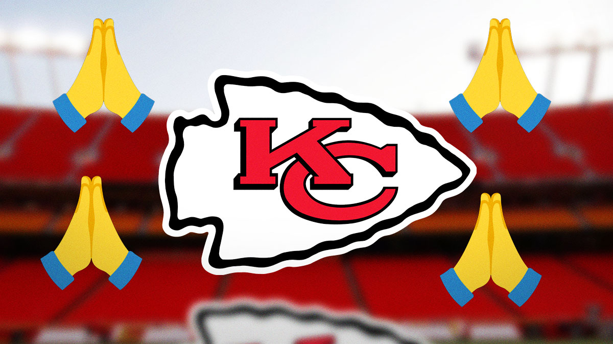 The Kansas City Chiefs logo with a bunch of prayer hand emojis in the background