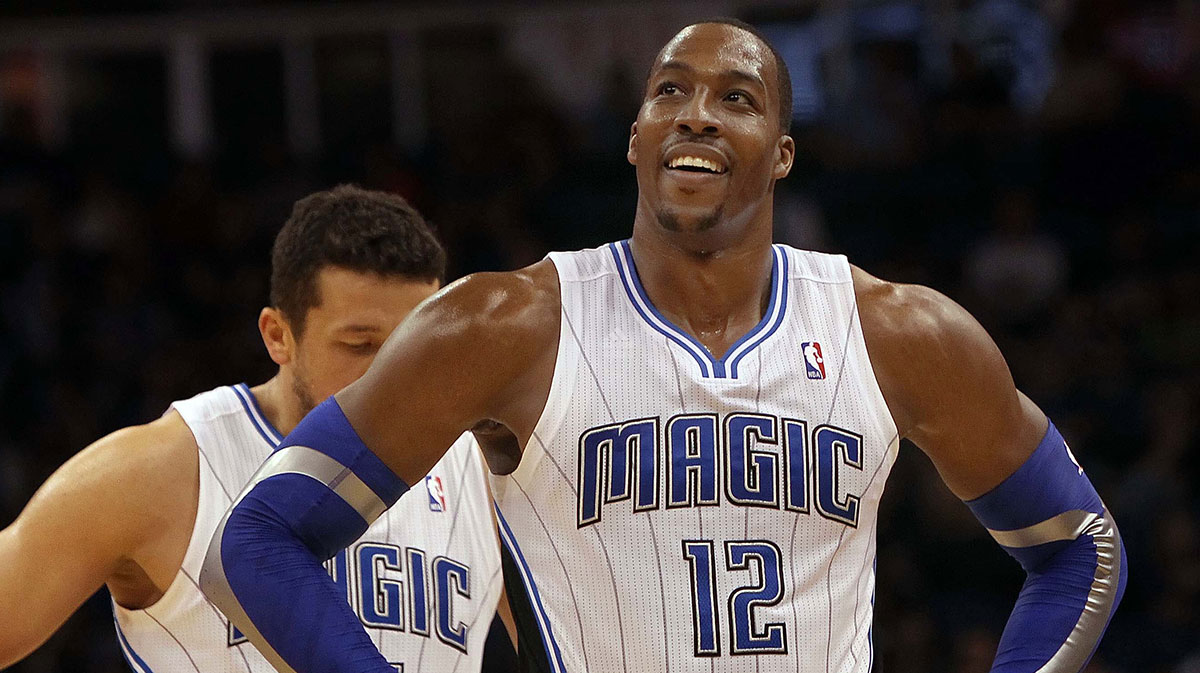 Orlando Magic center Dwight Howard (12) smiles as he reacts during the second half against the Washington Wizards at Amway Center.