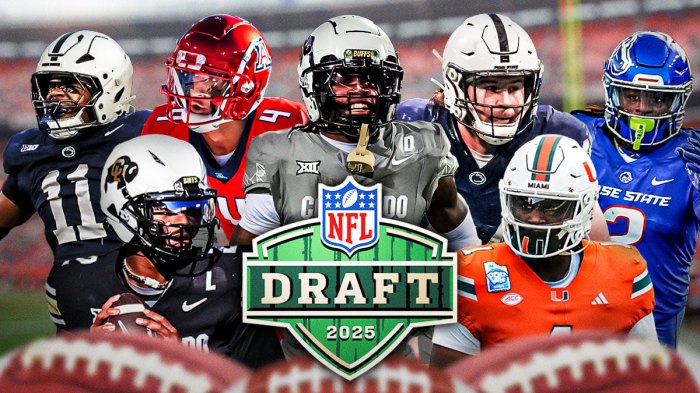 Travis Hunter, Shedeur Sanders, Cam Ward, Abdul Carter, Ashton Jeanty, Tetairoa McMillan, Tyler Warren all together. NFL Draft 2025 logo front and center.