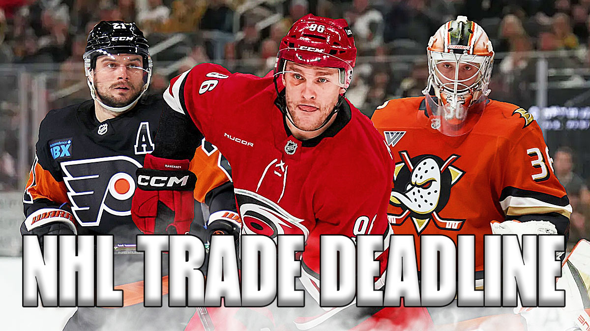 Scott Laughton, Mikko Rantanen (Carolina), John Gibson all together. "NHL trade deadline" in big bold letters at bottom of the graphic.