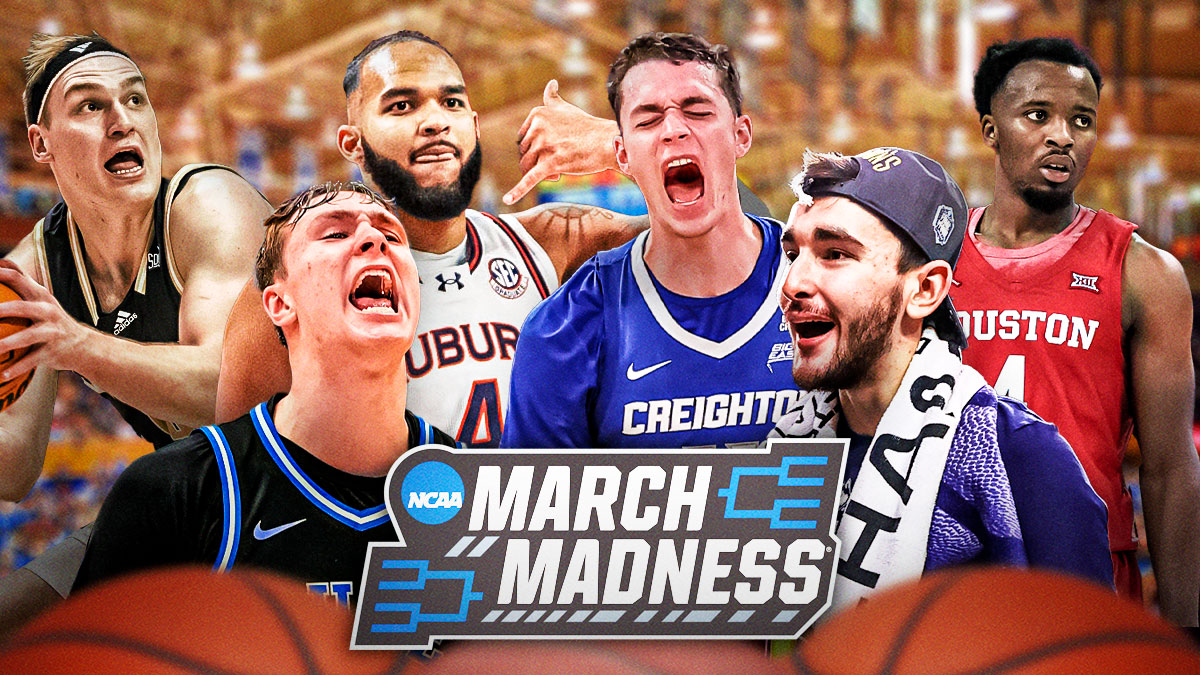 Cooper Flagg, Kyler Filewich (shooting Granny-style), Johni Broome, Alex Karaban (with national championship trophy from last year's UConn national championship, ideally), Ryan Kalkbrenner, LJ Cryer all together. March Madness logo front and center.
