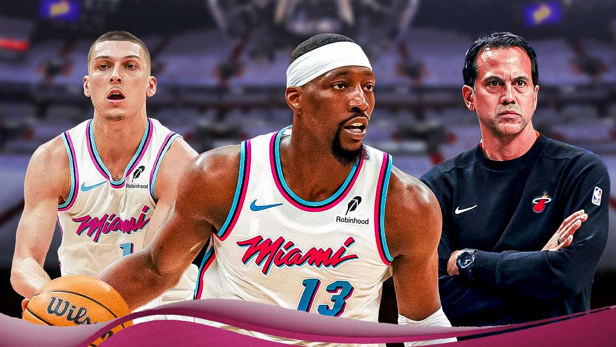 Ngôi sao Bam Adebayo của Miami Heat ở giữa với Tyler Herro và Erik Spoelstra ở hai bên trước Trung tâm Kaseya.