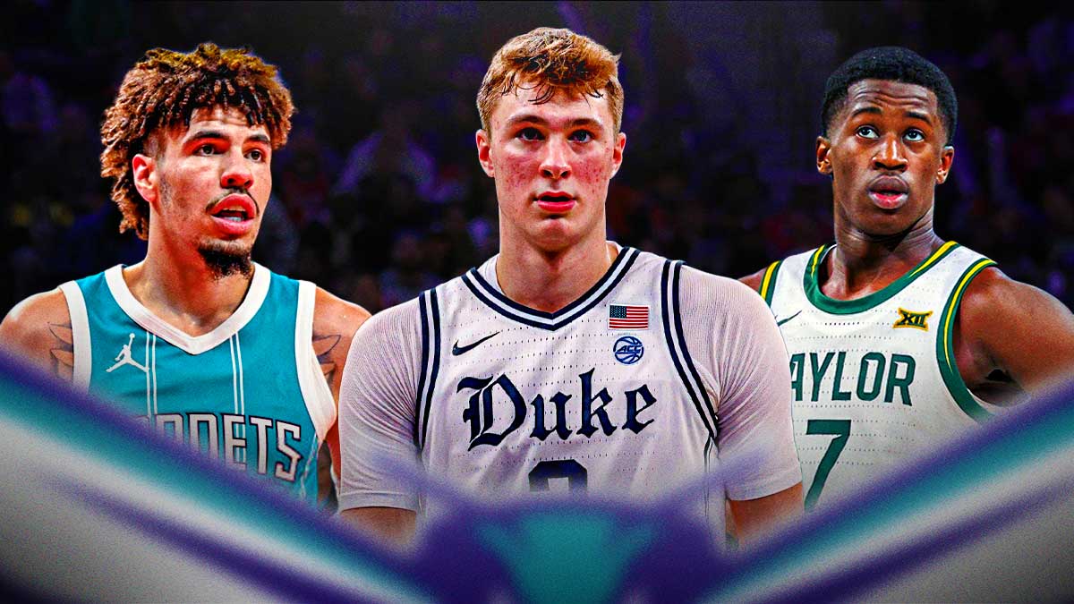 Hornets star LaMelo Ball looking at Cooper Flagg and VJ Edgecombe.