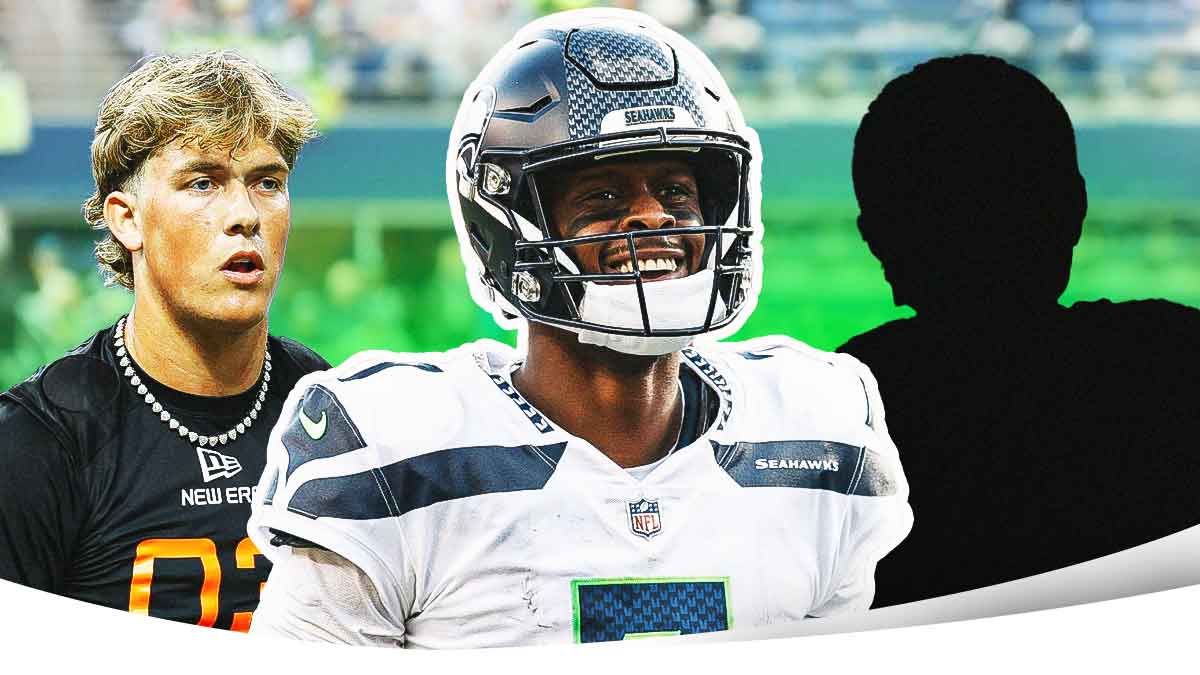 Jaxson Dart next to Geno Smith (Seahawks) and the blacked-out silhouette of Aaron Rodgers on the Seahawks field.