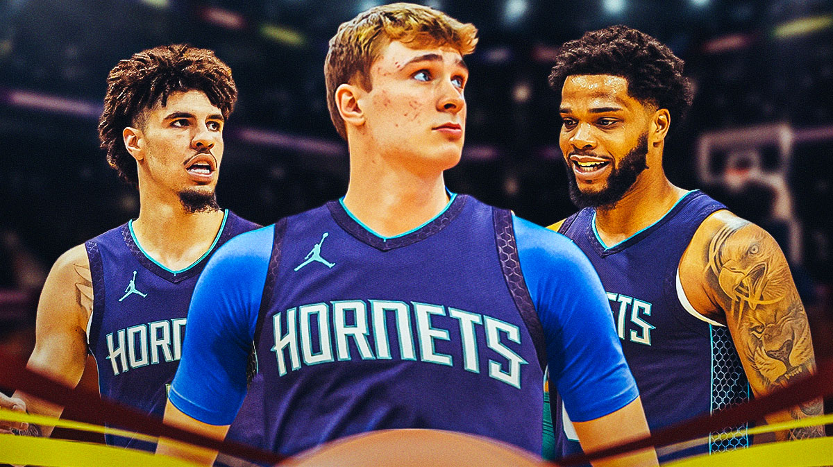 Photo: Cooper Flagg in Hornets jersey, LaMelo Ball, Miles Bridges in action beside him