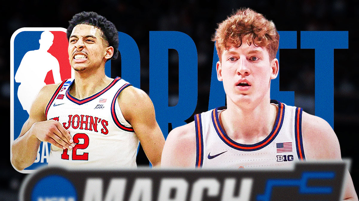 Kasparas Jakucionis and RJ Luis Jr. with NBA Draft logo and March Madness logo in front and center of the graphic.