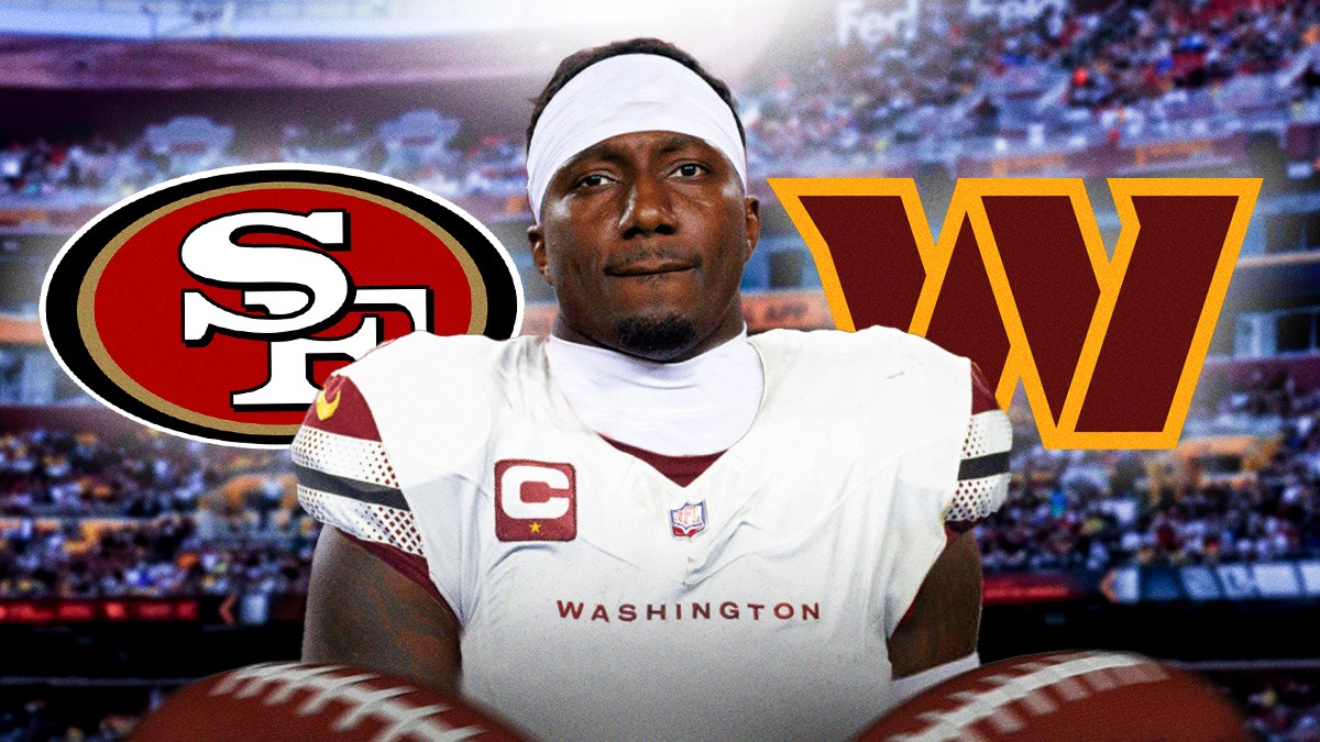 Wide receiver Deebo Samuel with a jersey swap from the San Francisco 49ers to the Washington Commanders in center, San Francisco 49ers logo on left side, Washington Commanders logo on right side, Northwest Stadium (home stadium of the Washington Commanders) in background