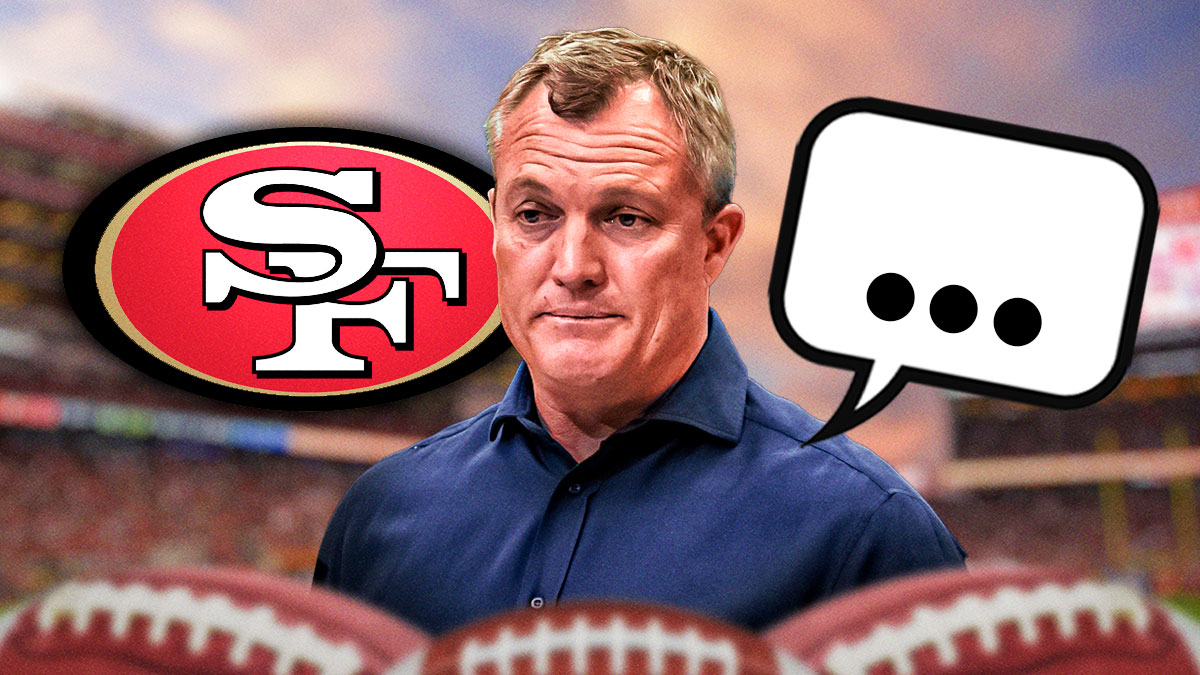 San Francisco 49ers GM John Lynch with a speech bubble that has the three dots emoji inside. There is also a logo for the San Francisco 49ers.