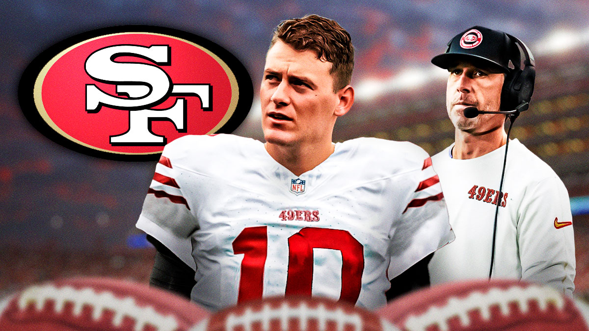 QB Mac Jones in a 49ers uniform with a speech bubble that has the three dots emoji inside. He is next to 49ers coach Kyle Shanahan. There is also a logo for the San Francisco 49ers.