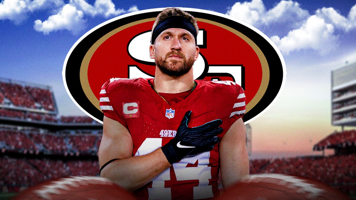 San Francisco 49ers fullback Kyle Juszczyk looking serious. 49ers logo behind him. Levi's Stadium as the background image
