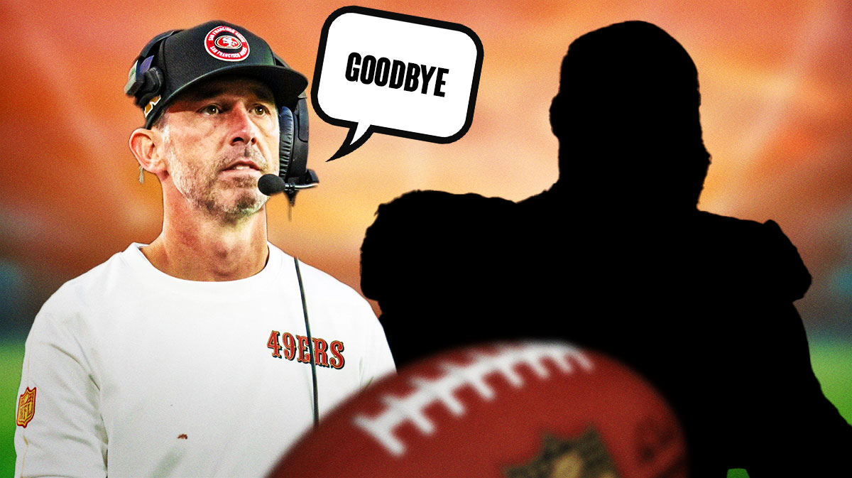 Kyle Shanahan on one side with a speech bubble that says "Goodbye" a silhouette of Maliek Collins on the other side