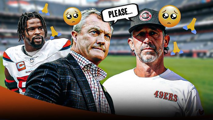 49ers HC Kyle Shanahan and GM John Lynch wearing 49ers gear with connected speech bubble above both of their heads saying, "Please" and LB Dre Greenlaw in Broncos uniform next to Shanahan and Lynch. Multiple 🙏 and 🥺 emojis in background after losing him in free agency. Background Milehigh Stadium.