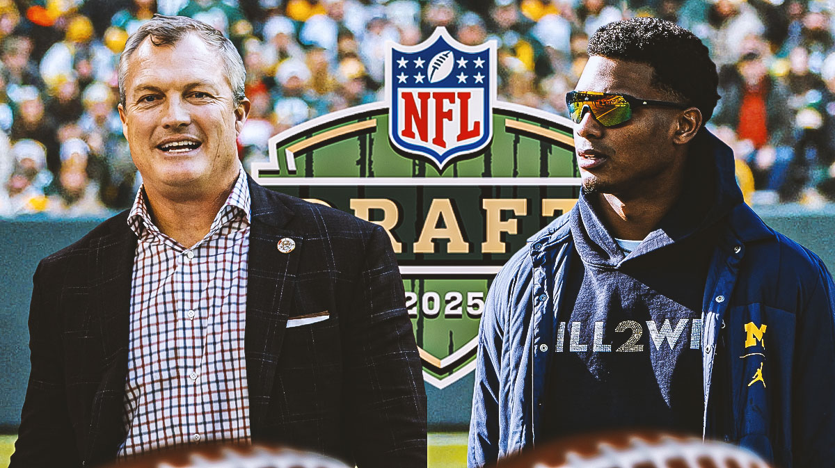 49ers John Lynch and Michigan Will Johnson with 2025 NFL Draft logo in background