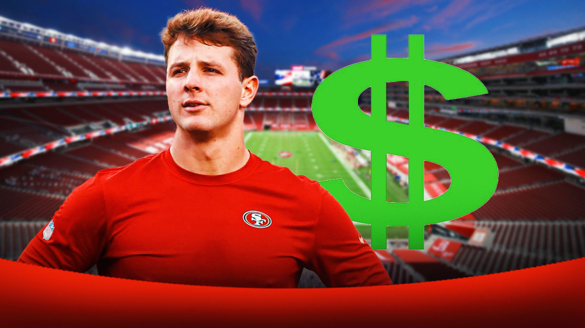 49ers QB Brock Purdy, big dollar sign next to him, Levi's Stadium in back