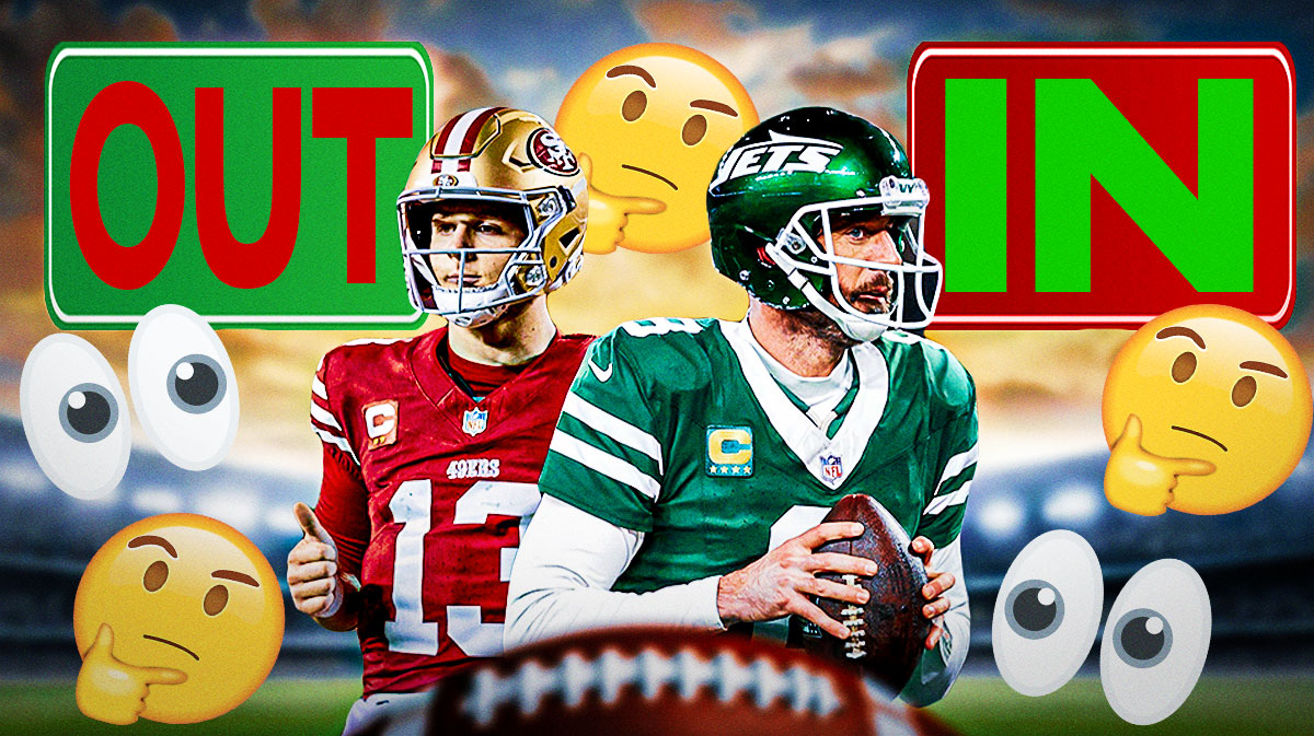 49ers logo behind QBs Brock Purdy and Aaron Rodgers with an "OUT" sign above Purdy's head and an "IN" sign above Rodgers' head. Multiple 👀 and 🤔 emojis in background. Background is Levi's Stadium.