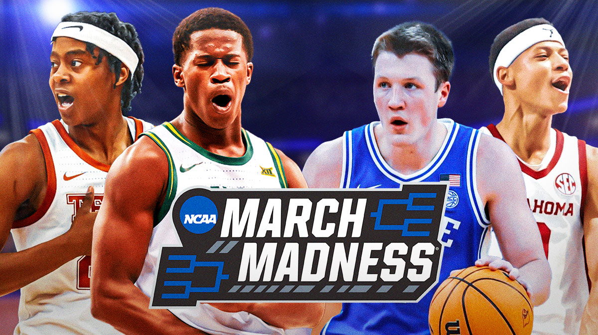 VJ Edgecombe and Tre Johnson on one side with Kon Kneuppel and Jeremiah Fears on the other side and the March Madness logo in between them