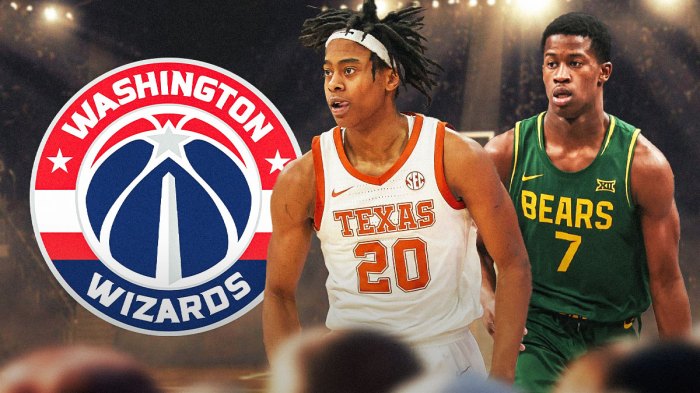 Wizards logo next to Tre Johnson and VJ Egdecombe