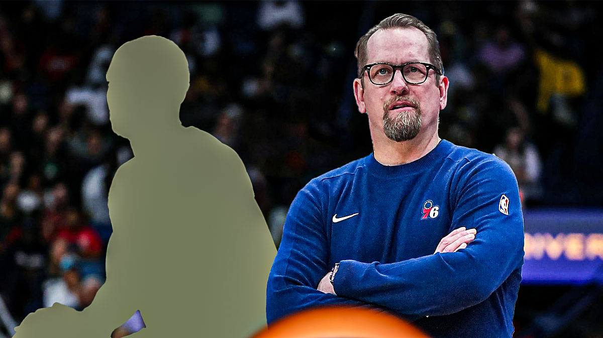 76ers' Nick Nurse next to a silhouette of a player