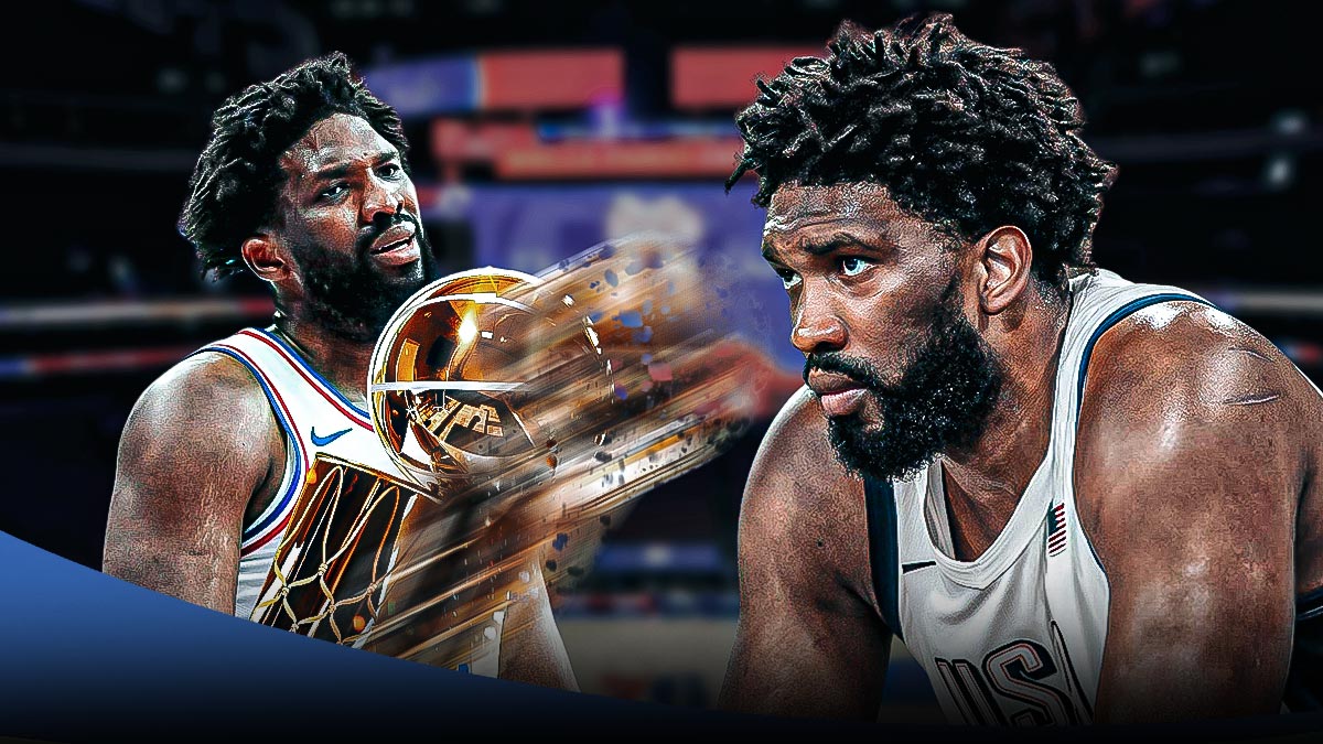 Team USA's Joel Embiid looking at 76ers version of himself holding a vanishing Larry O'Brien trophy
