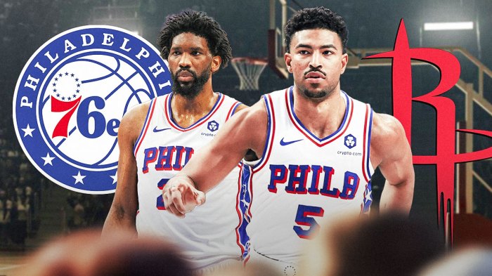 Quentin Grimes and Joel Embiid, 76ers and Rockets logos