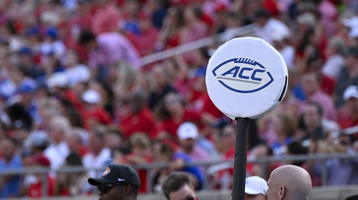 A view of the ACC logo during the first half of the game between the Southern Methodist Mustangs and the Brigham Young Cougars at Gerald J. Ford Stadium.