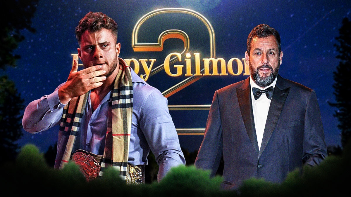MJF nxt to Adam Sandler in front of the Happy Gilmore 2 logo