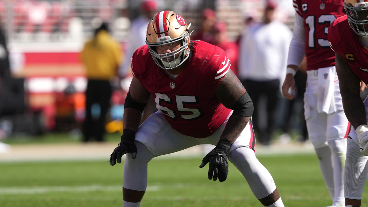 San Francisco 49ers guard Aaron Banks (65) during the second quarter against the Arizona Cardinals at Levi's Stadium. 