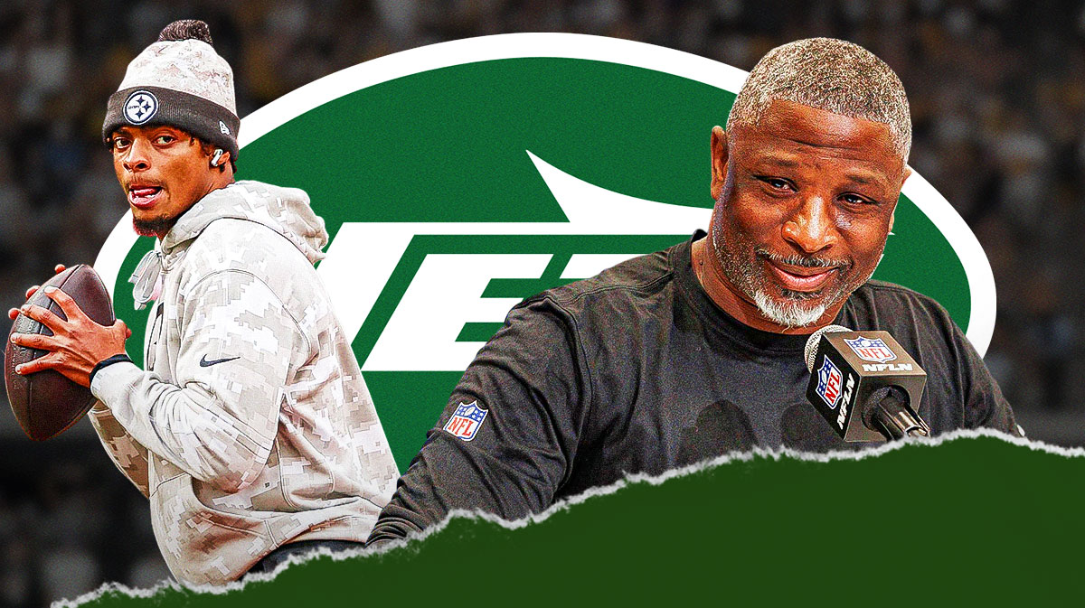 New York Jets head coach Aaron Glenn with a speech bubble that has the three dots emoji inside. He is next to Jets QB Justin Fields. There is also a logo for the New York Jets.