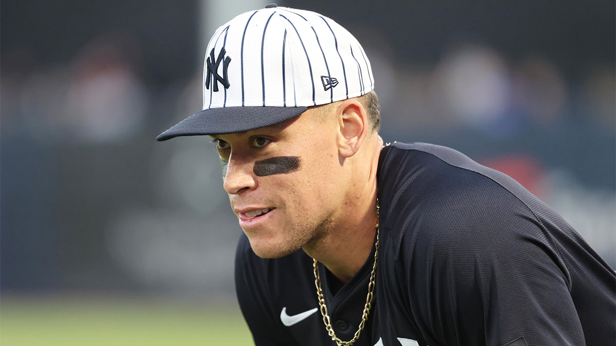 New York Yankees outfielder Aaron Judge (99) looks on as he warms up against the Pittsburgh Pirates at George M. Steinbrenner Field.