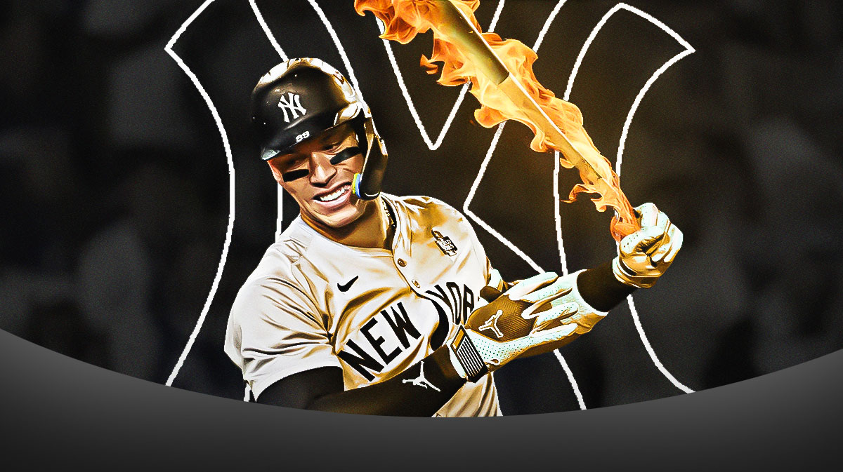 Featured Graphic idea: Image of Aaron Judge swing a baseball bat with fire emoji next to him. Yankees logo in background