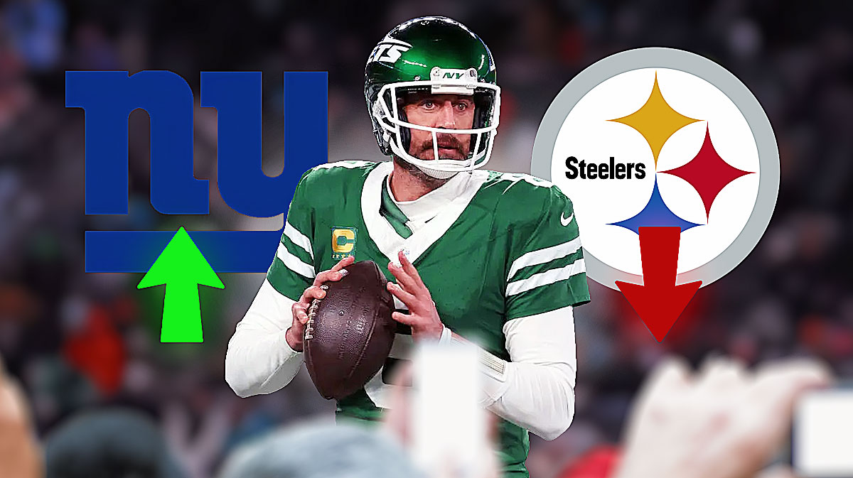 Aaron Rodgers in a New York Jets uniform with a NY Giants logo on the left with a big green arrow pointing up and a Pittsburgh Steelers logo on the right with a big red arrow pointing down as the quarterback is favored to sign with the giants after leaving the jets.