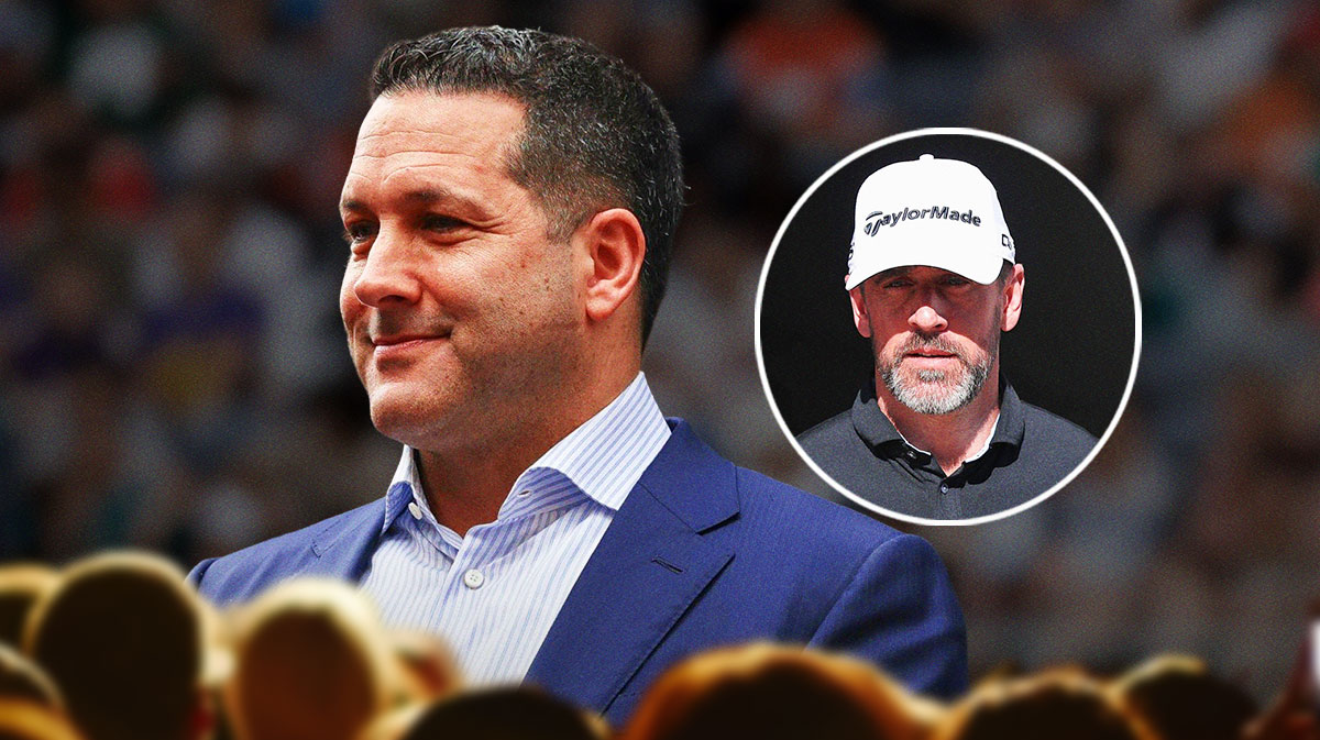 Adam Schefter with a thought bubble of Aaron Rodgers inside of it.