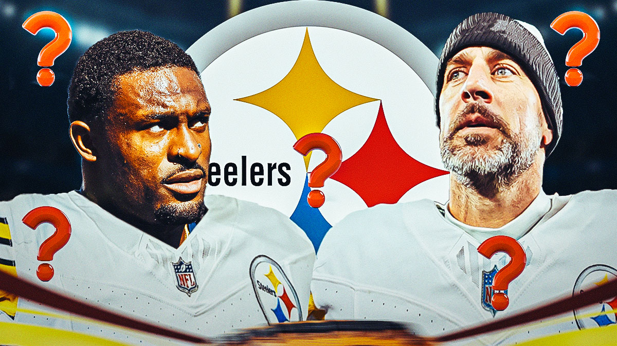QB Aaron Rodgers and WR DK Metcalf in Steelers jerseys and surrounded by question marks. There is also a logo for the Pittsburgh Steelers.