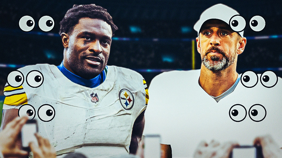 Aaron Rodgers in a white jersey and DK Metcalf in a Steelers jersey with eye emojis around the picture.