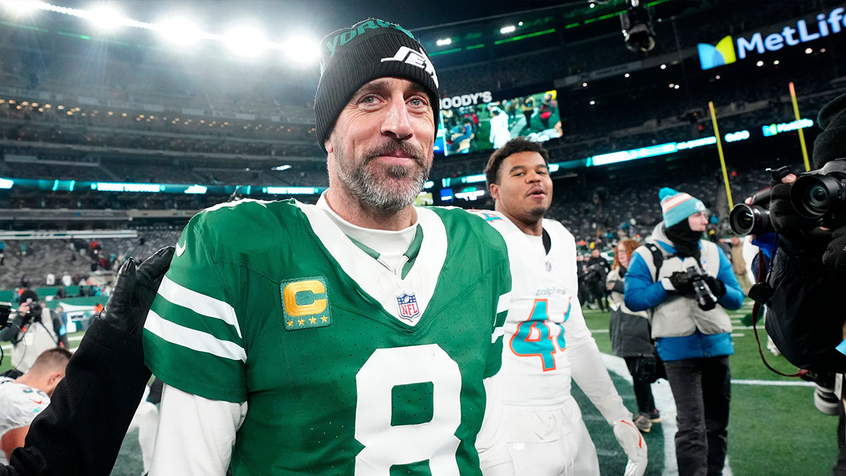 New York Jets quarterback Aaron Rodgers (8) is shown after he led Gang Green to a 32-20 victory against the Miami Dolphins, on Jan. 5, 2025, in East Rutherford, N.J.