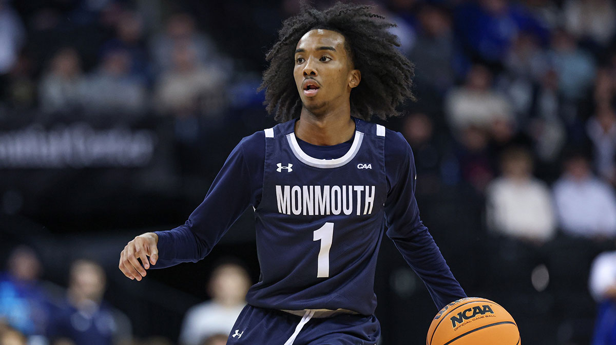 Nov 30, 2024; Newark, New Jersey, USA; Monmouth Hawks guard Abdi Bashir Jr. (1) dribbles up court during the first half against the Seton Hall Pirates at Prudential Center.