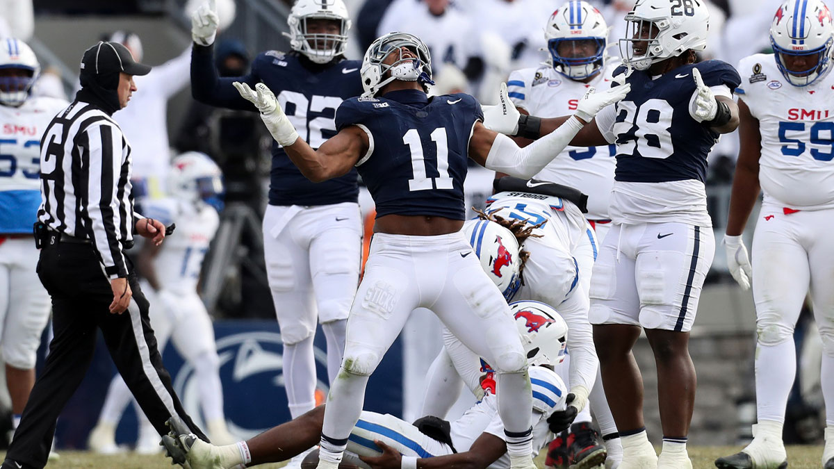 Penn State Nittany Lions defensive end Abdul Carter (11) reacts after sacking Southern Methodist Mustangs quarterback Kevin Jennings (7) during the third quarter in the first round of the College Football Playoff at Beaver Stadium