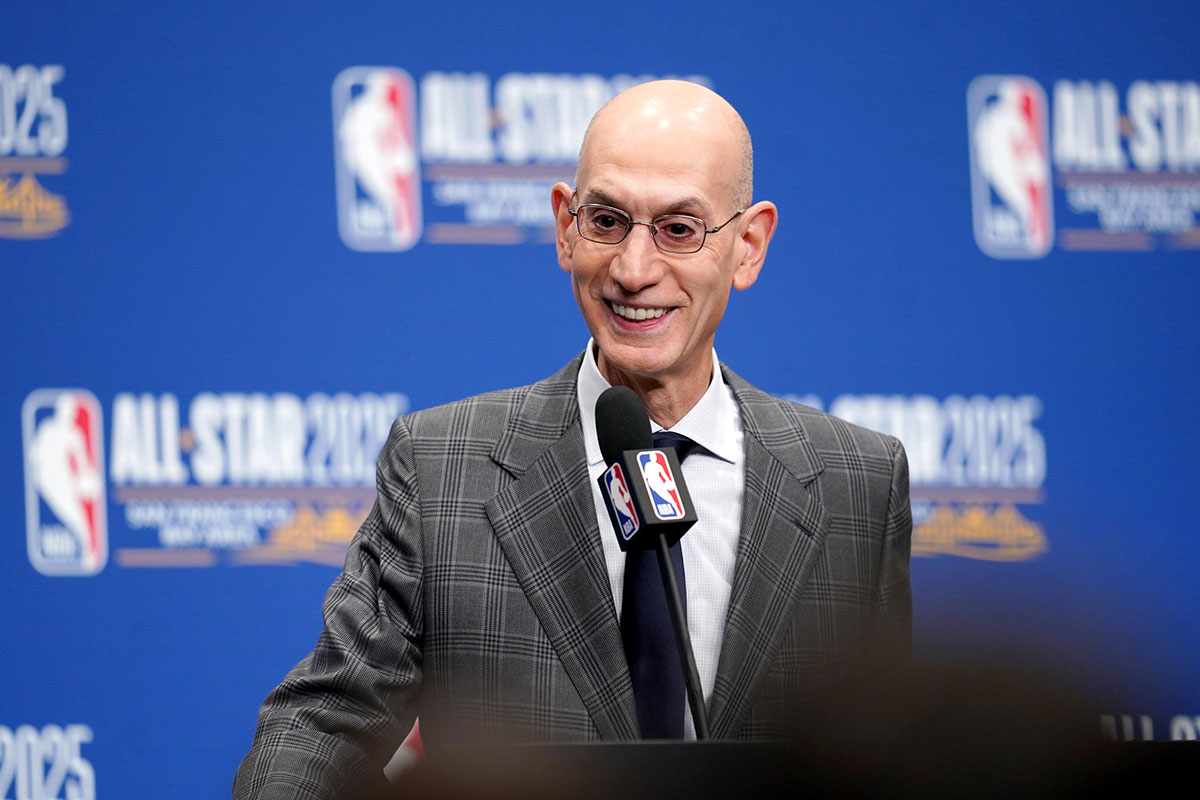 NBA commissioner Adam Silver speaks in a press conference during All Star Saturday Night ahead of the 2025 NBA All Star Game at Chase Center. 