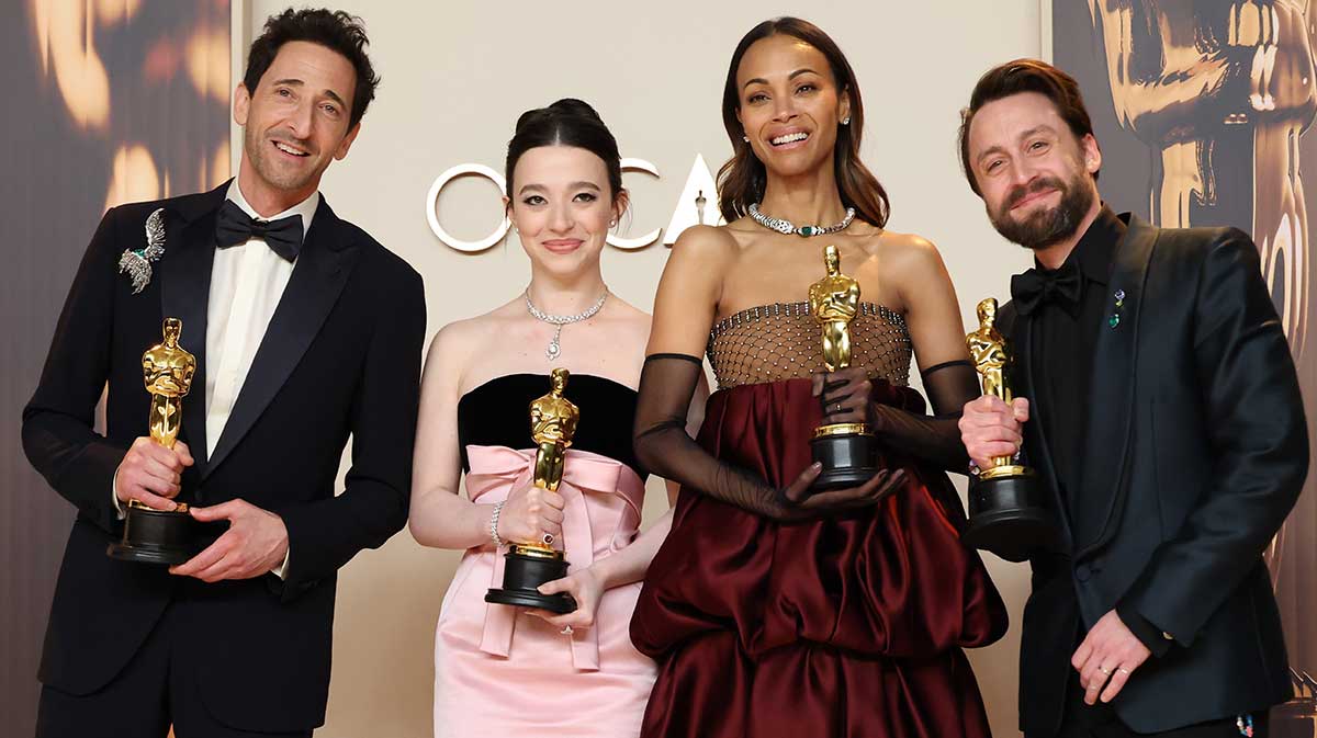 Adrien Brody, Mikey Madison, Zoe Saldana and Kieran Culkin with their Oscars after the 2025 ceremony on March 2, 2025.